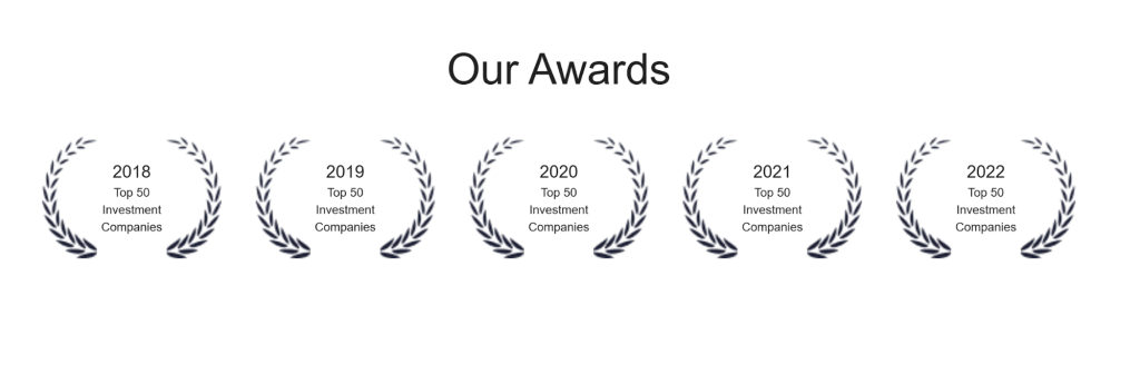AFG-Management awards section showing Top 50 Investment Companies recognitions