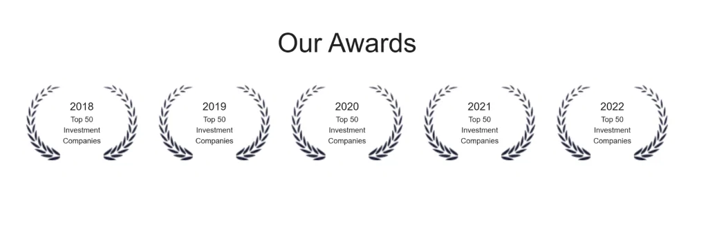 AFG-Management awards section showing Top 50 Investment Companies recognitions