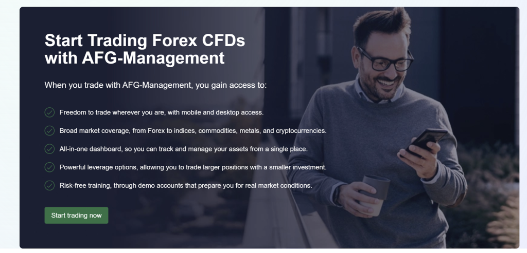 AFG-Management trading platform homepage with Forex CFDs and integrated dashboard view