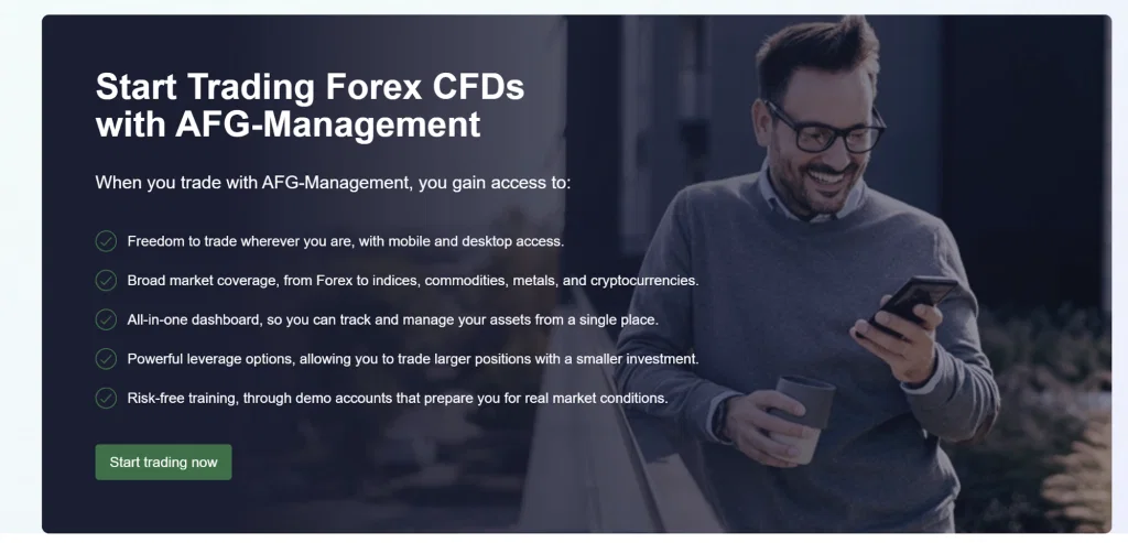 AFG-Management trading platform homepage with Forex CFDs and integrated dashboard view
