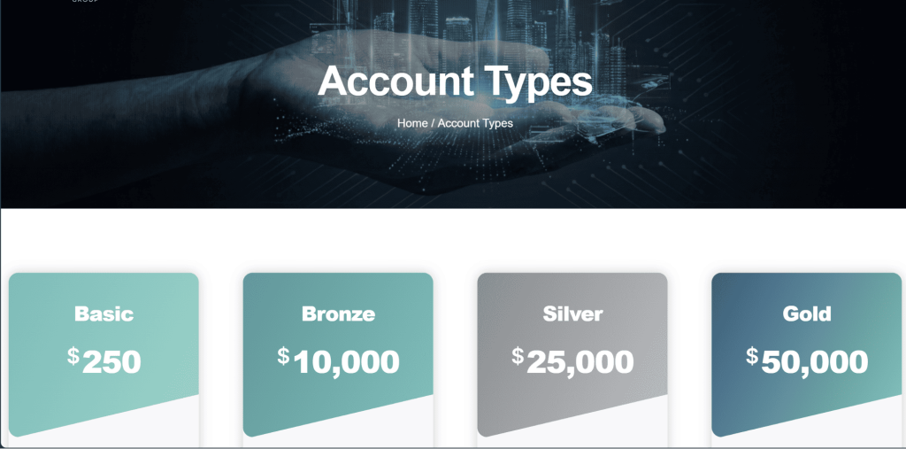 Vantedge Group account types overview with Basic, Bronze, Silver and Gold tiers