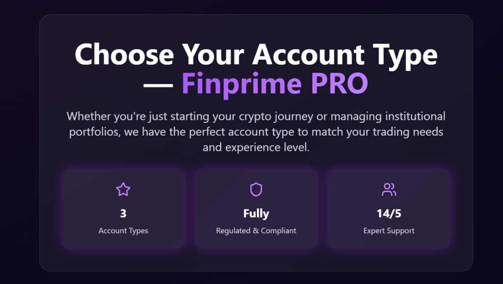 Finprime PRO account types interface with three tiers