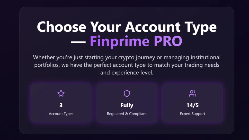 Finprime PRO account types interface with three tiers